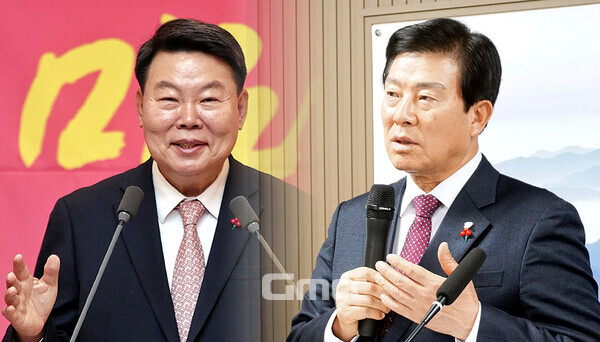 2025년 을사년(乙巳年)을 맞아 신년 기자회견을 갖고 있는 충남지역 시장·군수들이 인구 문제에 대해선 엇갈린 반응을 보이고 있다. 그러면서 이들은 나름의 해법을 제시하며 지방소멸 위기 극복 의지를 드러내고 있다. (자료사진 합성: 왼쪽부터 오성환 당진시장과 박범인 금산군수/ 굿모닝충청=김갑수 기자)