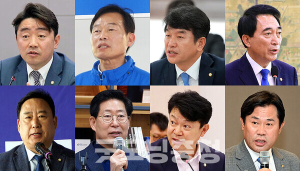 차기 지방선거를 1년 여 앞두고 있는 가운데, 더불어민주당 충남지사 후보군은 최소 8명 안팎에 달할 것으로 보여 치열한 경쟁이 예상되고 있다. (페이스북 등 자료사진 합성: 왼쪽 윗줄부터 시계방향으로 강훈식 의원, 나소열 전 부지사, 문진석 의원, 박수현 의원, 박정현 부여군수, 복기왕 의원, 양승조 전 지사, 어기구 의원/ 굿모닝충청=김갑수 기자)