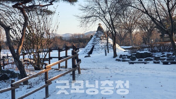 구석기시대 사람들의 대표적인 주거형태인 막집. 동물뼈 외에 주변 식물들을 대충 엮어서 지었다. 구석기시대 사람들은 저런 막집에서 살거나 혈거생활을 했고 수시로 이동했다.(사진=굿모닝충청 조하준 기자)