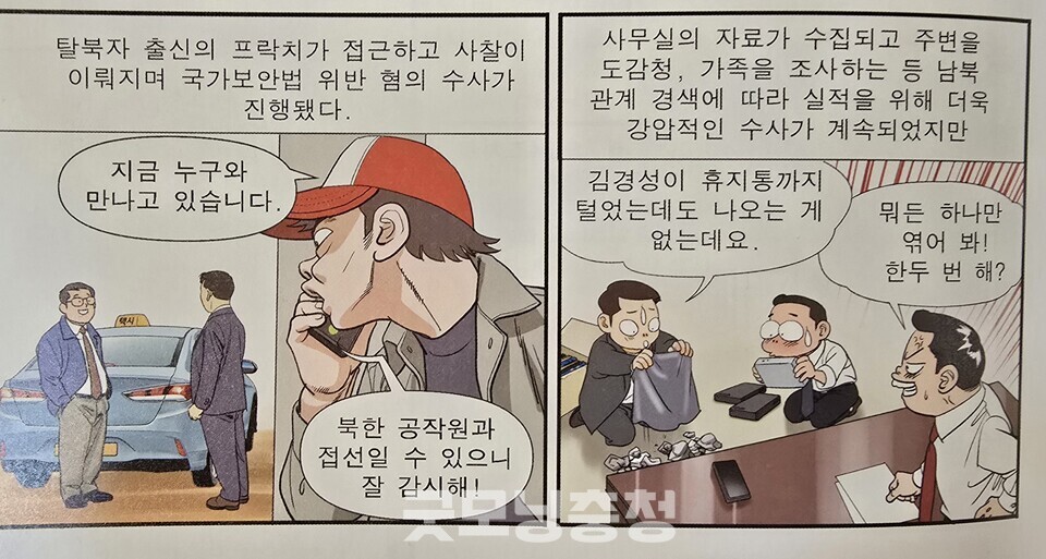 남북 스포츠 교류를 위한 김경성 이사장의 행보는 정보기관의 눈에 띄였고 2009년부터 이후 15년간 집요한 불법 사찰에 시달리다 급기야 '국가보안법' 혐의로 검찰에 기소되는 상황에까지 이른다. (김경성 자서전을 만화로 풀어낸 '불굴의 스포츠 아리랑' 중 한 장면, 작화 안세희) 