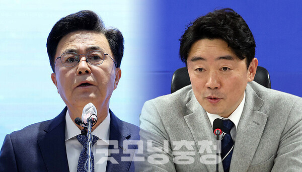 김태흠 충남지사가 더불어민주당 강훈식 국회의원(아산을)에게 차기 도지사 선거 출마 여부를 넌지시 물은 것으로 14일 전해졌다. (충남도 및 의원실 제공 자료사진 합성/ 굿모닝충청=김갑수 기자)