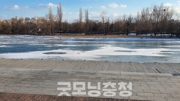 월드컵공원 내 연못. 이날 서울은 매우 추웠기에 한강도 꽁꽁 얼어붙었고 연못도 같이 얼었다.(사진=굿모닝충청 조하준 기자)