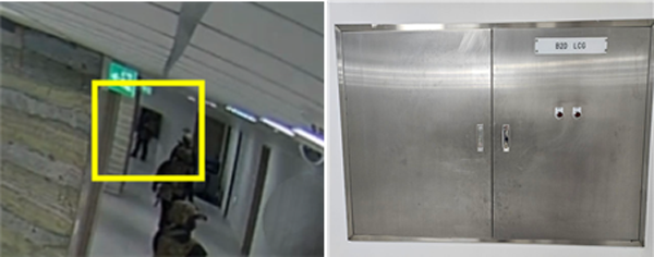 계엄군 1명이 국회 지하 1층 분전함을 개문하는 모습(왼쪽), 지하1층 분전함(오른쪽) / 사진=국회 폐쇄회로티비, 더불어민주당 윤석열 내란국정조사특별위원회 제공)