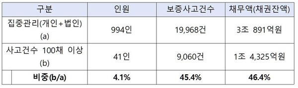 2024년 11월말 기준 사고 100채 이상 악성임대인 현황(자료=주택도시보증공사, 복기왕 의원실)