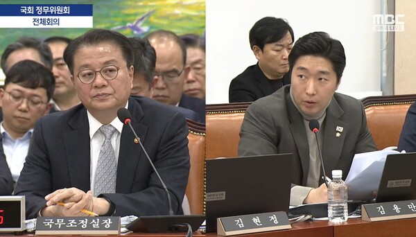 더불어민주당 김용만 의원이 19일 국회에서 열린 정무위원회에서 방기선 국무조정실장에게 현안질의를 하고 있다. (사진=MBC뉴스 캡처)