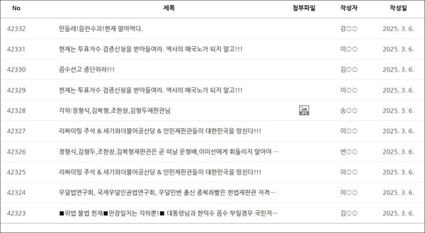 6일 현재 헌법재판소 자유게시판(캡처)