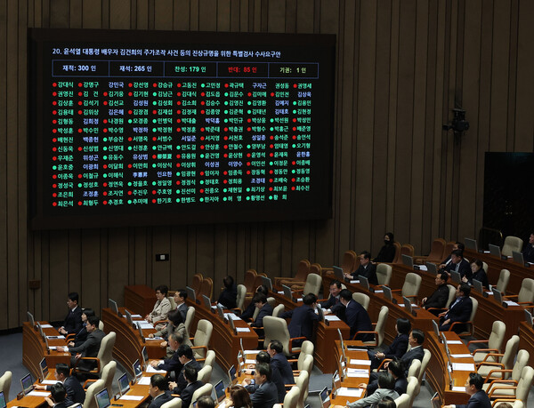 20일 국회 본회의에서 '윤석열 대통령 배우자 김건희의 주가조작 사건 등의 진상규명을 위한 특별검사 수사요구안'이 통과되고 있다.(사진=연합뉴스)