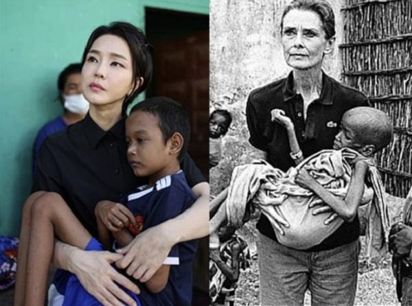 2022년 11월 캄보디아 순방 당시 오드리 헵번의 봉사 사진을 따라한 김건희 씨의 사진.(사진=SNS/굿모닝충청 정문영 기자)