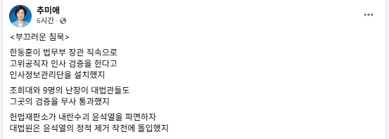 법무부 장관을 지낸 더불어민주당 추미애 국회의원(경기하남시갑)이 4일 SNS에 올린 자작시 '부끄러운 침묵'이 정치권과 법조계에 잔잔한 충격을 주고 있다. (사진=추미애 국회의원 페이스북)
