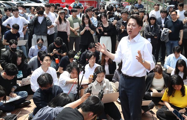 개혁신당 이준석 대선 후보가 13일 대구 경북대학교에서 발언하고 있다. (사진=연합뉴스/공동취재단)