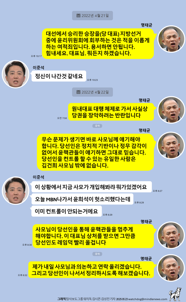 2022년 4월 21일과 22일 주고 받은 명태균과 이준석 간 카카오톡 대화 내용.(그래픽=탐사보도그룹 워치독 김시몬, 김성진 기자)