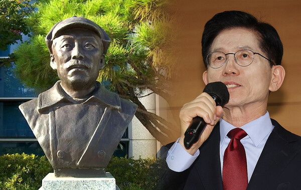 홍범도 장군 흉상(왼쪽), 국민의힘 김문수 후보 (사진=연합뉴스/굿모닝충청 DB)