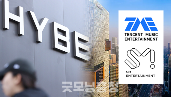 중국 IT 기업 텐센트(Tencent Holdings Limited)가 하이브의 SM엔터테인먼트 주식을 모두 인수했다. 하이브는 SM 지분 9.66%(221만 주)를 텐센트뮤직(텐센트 산하 온라인 음악 엔터테인먼트 플랫폼)에 주당 11만 원에 넘겨 총액은 약 2433억 원어치였다. (자료사진 합성/굿모닝충청=노준희 기자)