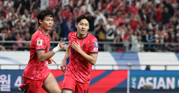 10일 서울월드컵경기장에서 열린 2026 북중미 월드컵 아시아 3차 예선 최종전 한국과 쿠웨이트의 경기. 후반전 팀 세 번째 골을 넣은 한국 오현규가 기뻐하고 있다.(사진=연합뉴스)