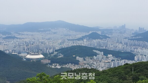 백양산 정상에서 바라본 부산광역시의 전경. 가까이에 있는 경기장은 부산아시아드주경기장이고 멀리 보이는 높은 건물은 그 유명한 해운대의 엘시티이며 먼 방향에 있는 산은 해운대의 장산이다.(사진=굿모닝충청 조하준 기자)