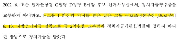 김민석 국무총리 후보자의 2002년 정치자금법 위반 사건 1심 판결문. H그룹 = SK그룹, I회장 = 손길승 회장, 구조조정본부장 J=김창근. 2025.6.20. 탐사보도그룹 워치독