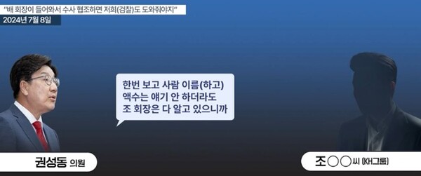 지난 2024년 7월 8일 국민의힘 권성동 의원의 쌍방울 대북송금 사건 관련 증인 회유 시도 내용.(출처 : 시민언론 뉴탐사)