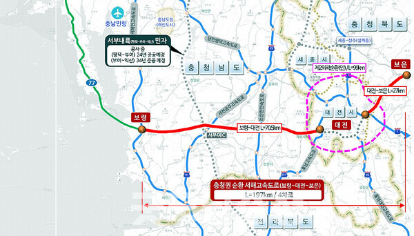 보령~대전고속도로는 총연장 71km로, 사업비는 2조2062억 원이 소요될 전망이다. 대전 제2순환고속도로를 통해 충북 보은까지 연결할 경우 총연장 197km에 사업비는 7조4181억 원으로 늘어난다. (충남도 제공)