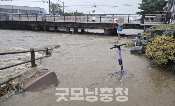 충남을 비롯한 중부지방을 중심으로 돌풍과 천둥·번개를 동반한 시간당 20~80mm의 집중호우가 내려 피해가 속출하고 있다. (천안천 현장/ 굿모닝충청=채원상 기자)