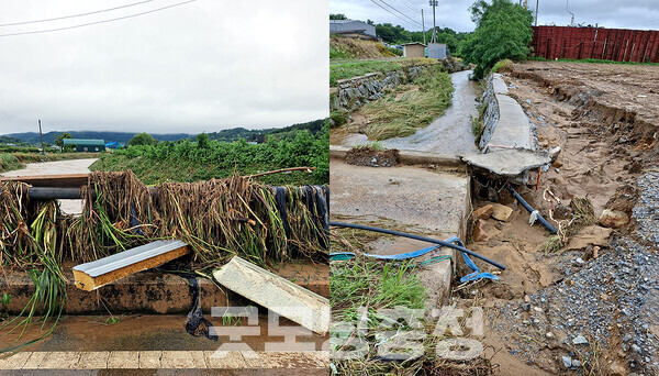 서산시의회 최동묵 의원은 “피해가 너무 광범위하고 많아서 어디서부터 손을 대야 할지 엄두가 안 난다”며 “농경지 침수는 물론 대부분의 하천도 붕괴 직전이다. 유실된 교량도 많다. 아무래도 우선순위를 정해 급한 것부터 복구해야 할 것 같다”고 말했다. (최동묵 의원 제공: 왼쪽부터 인지면 화수리와 팔봉면 어송리 현장)