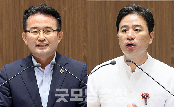 ‘대전·충남 행정통합 의견 청취의 건’이 29일 충남도의회(의장 홍성현) 본회의를 통과한 가운데, 표결에 앞서 더불어민주당과 국민의힘 의원들은 토론을 통해 첨예하게 대립했다. (왼쪽부터 안장헌 충남도의원, 신영호 충남도의원. 사진=충남도의회 제공/굿모닝충청=이종현 기자)