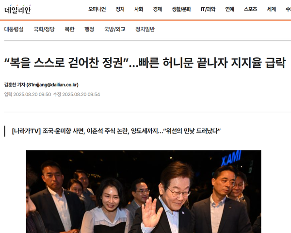 20일 오전자 데일리안 기사. 최근 발표된 여론조사를 표피적으로 분석한 기사에 불과하다.(출처 : 데일리안 홈페이지 갈무리)