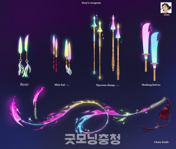 조이의 무기에는 기본 칼·신칼·뼘창(한 뼘 할 때 뼘)·무당 칼·사슬 달린 칼 등이 있다. 특히 제주도 신칼을 기본으로 해서 조이의 무기를 구성했다는 점이 눈길을 끌었다. (이미지: 김헌식 대중문화평론가 제공)