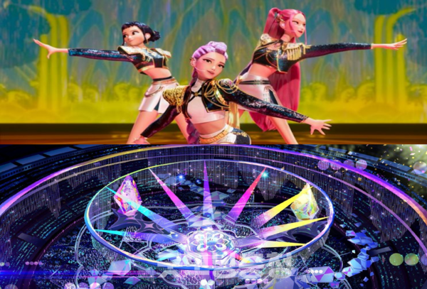 애니메이션 ‘케이팝 데몬 헌터스’에서 한국적 요소는? 보통은 호랑이, 까치 그리고 저승사자 갓, 무대 디자인에서 단청이나 일월오봉도 같은 우리 전통 요소를 적용했다고 언급된다. (이미지: 김헌식 대중문화평론가 제공/합성 굿모닝충청=노준희 기자)