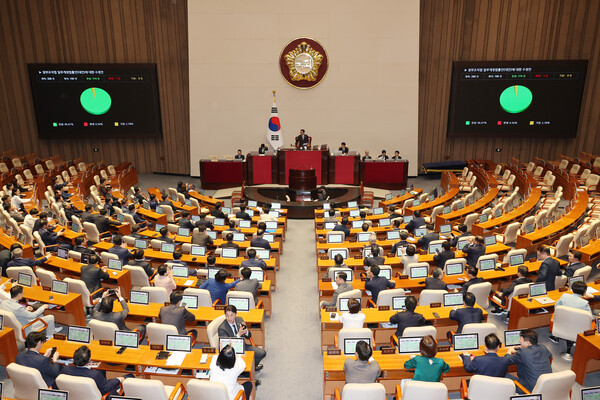 26일 서울 여의도 국회 본회의에서 정부조직법 일부개정법률안에 대한 수정안이 통과되고 있다.(사진=연합뉴스)