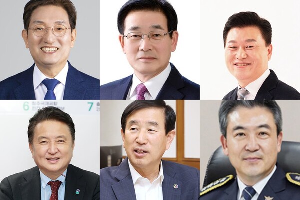 (윗줄) 민주당 노영민·송기섭·신용한, (아랫줄) 국민의힘 김영환·조길형·윤희근. 사진=굿모닝충청 김종혁 기자