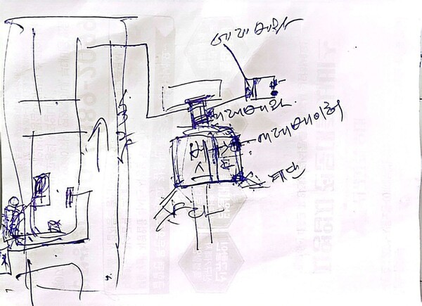 조경식 전 KH 강원건설개발 부회장이 2023년 12월 수원지검에 술과 음식 등을 배달하던 경로에 대해서 설명하면서 직접 그린 그림. 2025.11.14. 워치독