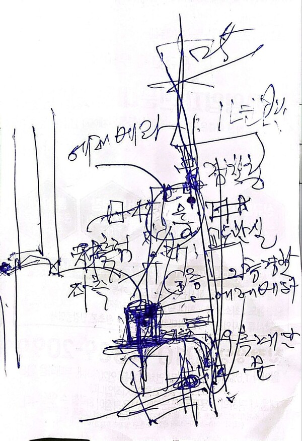 조경식 전 KH 강원건설개발 부회장이 2023년 12월 수원지검에 술과 음식 등을 배달하던 경로에 대해서 설명하면서 직접 그린 그림. 2025.11.14. 워치독