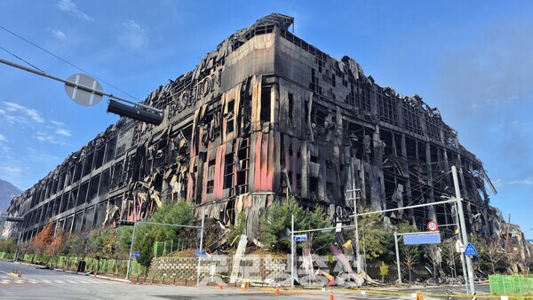 물류센터가 산업단지 안에 있어 주변 논밭과는 거리가 먼 편이다. 전소된 건물에서 10여m 이내 거리에 위치한 다른 공장도 분진 등의 피해가 육안으로 확인되지 않아 큰 피해로 번지지는 않은 양상이다. (사진=노준희 기자)