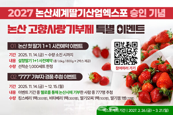 충남 논산시가 고향사랑기부제  참여자에게 설향 딸기 1+1 혜택을 제공하는 이벤트를 진행한다. (이미지: 논산시 제공/굿모닝충청=노준희 기자)