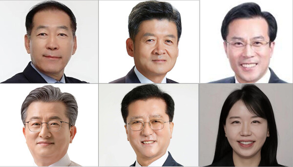 내년 지방선거를 앞둔 대전 유성구청장 선거 구도가 차츰 드러나고 있다. 최근 몇 차례 선거에서 이어진 민주당 강세 속에 정용래 유성구청장의 3선 도전 가능성이 가장 먼저 거론되고 있으며, 국민의힘과 조국혁신당 역시 후보군을 정리하며 출마를 저울질하는 분위기다. (왼쪽 윗줄부터 시계방향으로, 가나다순 기준 김동섭 더불어민주당 정책위원회 부의장, 김동수 유성구의회 의장, 김문영 전 국민의힘 유성을 당협위원장, 문수연 변호사(조국혁신당), 조원휘 대전시의회 의장, 정용래 유성구청장/굿모닝충청 신성재 기자)