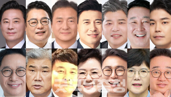 내년 6월 3일 전국동시지방선거를 앞두고 대전 서구청장 선거가 초반부터 다자구도로 흐르고 있다.  (왼쪽 윗줄부터 시계방향으로, 가나다순 기준김경석·김창관·김영창·김종천·서재국·서철모·서희철·송상영·신혜영·유지곤·전명자·전문학·조규식·주정봉/굿모닝충청 신성재 기자)