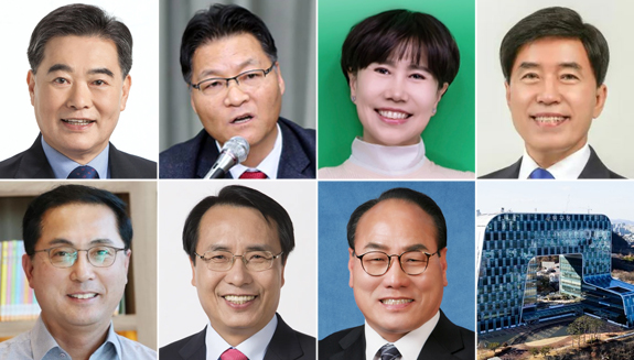 사진 위 : 더불어민주당 남진근 전 대전시원, 윤기식 전 장철민국회의원 보좌관, 정유선 민주당 부대변인, 황인호 전 동구청장(좌측부터, 가나다순) 사진 아래 :박희조 동구청장, 국민의힘 한현택 전 동구청장,  윤종명 조국혁신당 동구지역위원장(정당, 이름 가나다순)